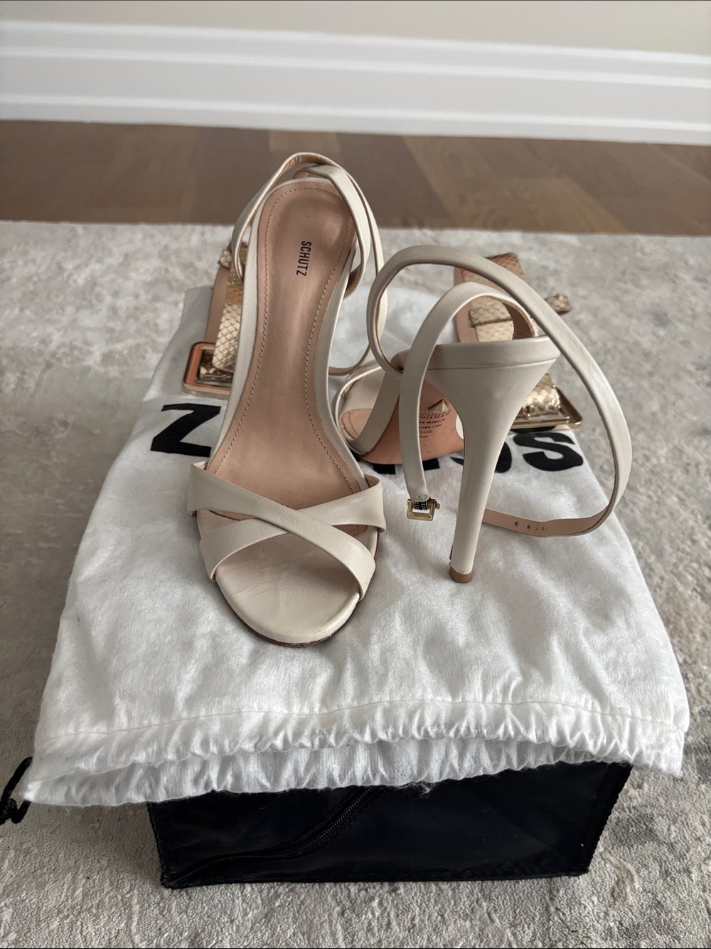 SCHUTZ Cream Leather Strappy Stiletto Sandals